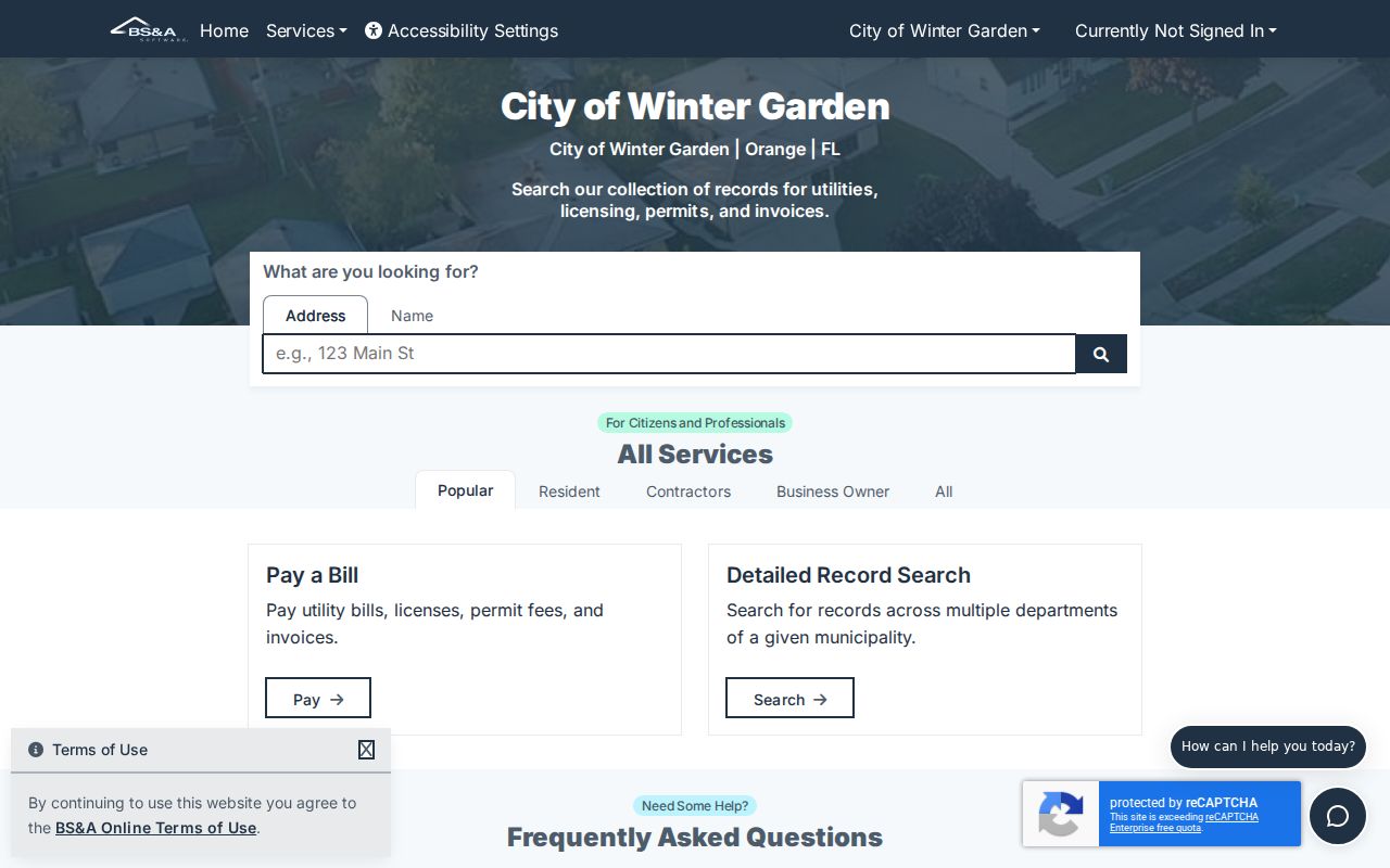Winter Garden street directory BS and A permit search